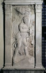 Libra representada por uma balança de juventude, de uma série de relevos representando os símbolos e signos planetários do zodíaco, c.1450 (gesso)